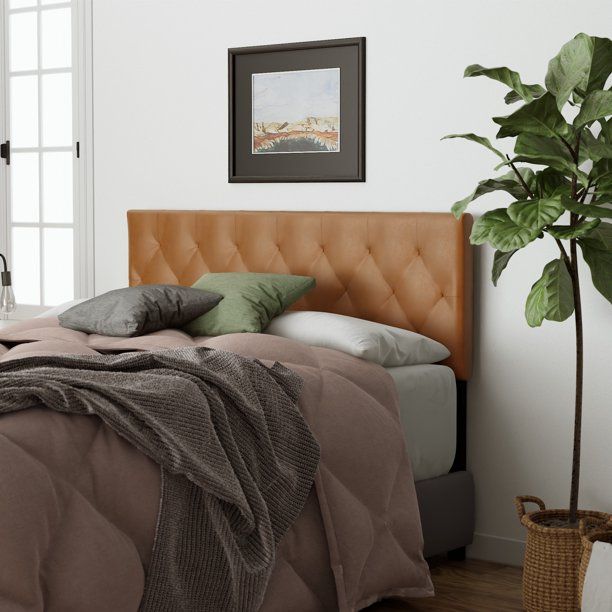 Rest Haven Faux Leather Diamond Tufted Mid-Rise Headboard, Queen, Camel - Walmart.com | Walmart (US)