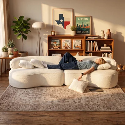 114" Modern Curved Cloud Sectional Sofa, 4-Seat Cream Boucle Deep Seat Couch, Boneless Zero Assembly Modular Sofa for Living Room, Apartment | Wayfair North America