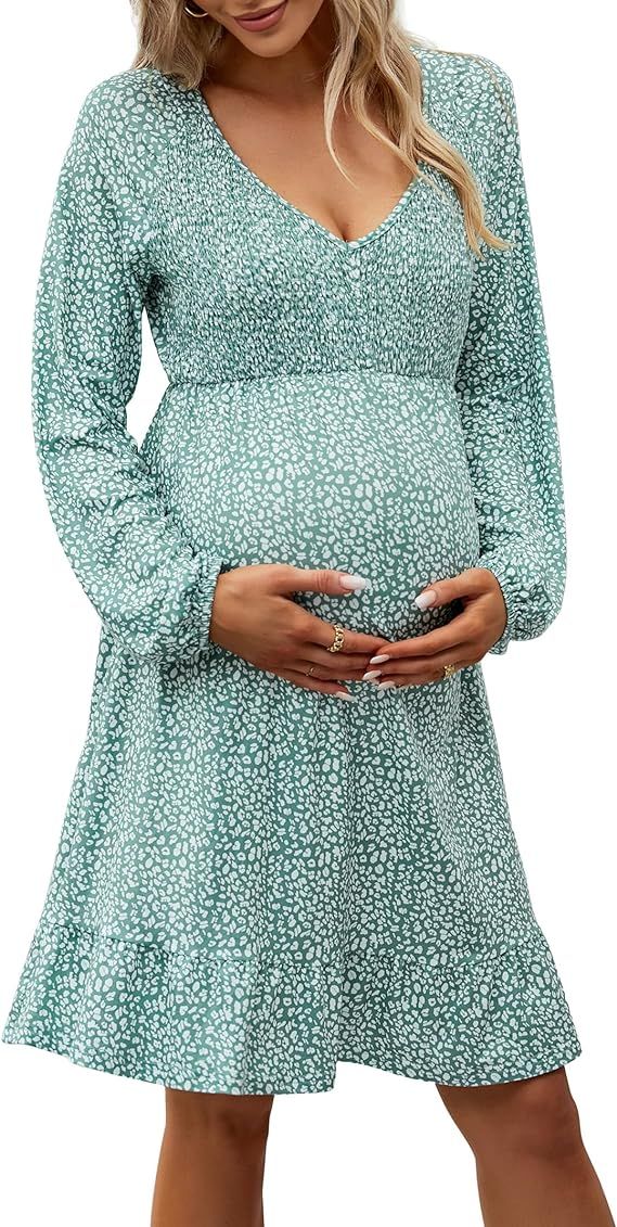 KOJOOIN Women's Maternity Smocked Short Sleeve Summer Dress V Neck Boho Ruffle Casual Swing Midi ... | Amazon (US)