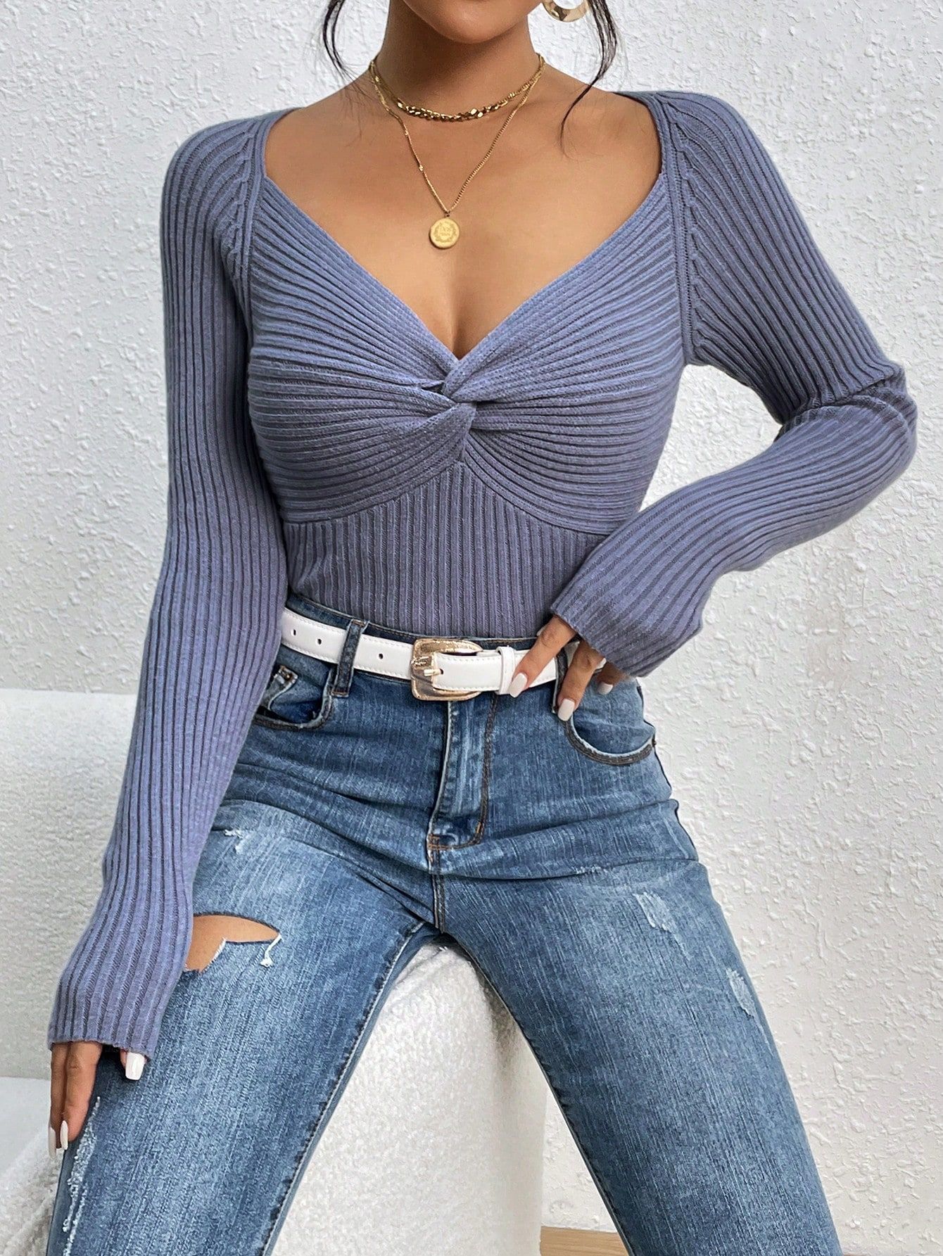 Twist Front Ribbed Knit Sweater | SHEIN