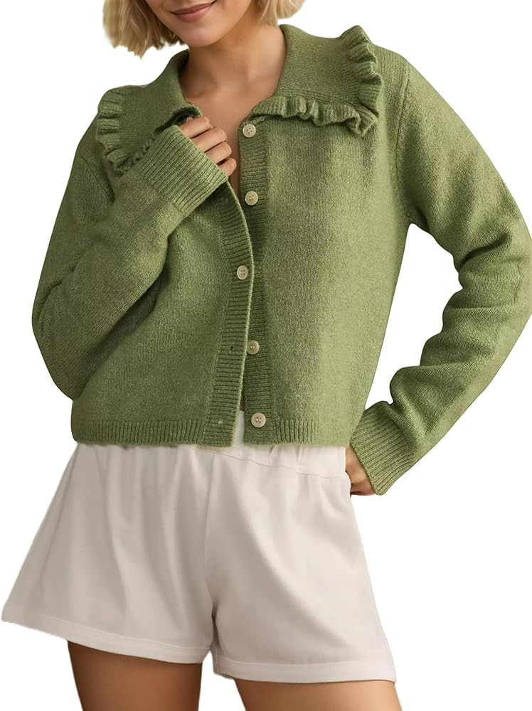 Ythomm Womens Ruffle Collar Cropped Cardigans Button Down Open Front Long Sleeve Knit Sweater Jac... | Amazon (US)