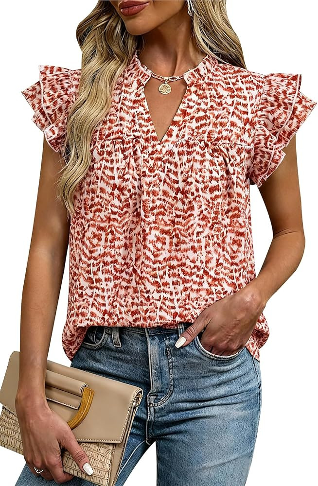 CFLONGE Summer Tops for Women 2026 V Neck Ruffle Short Sleeve Business Casual Blouse Dressy Work ... | Amazon (US)