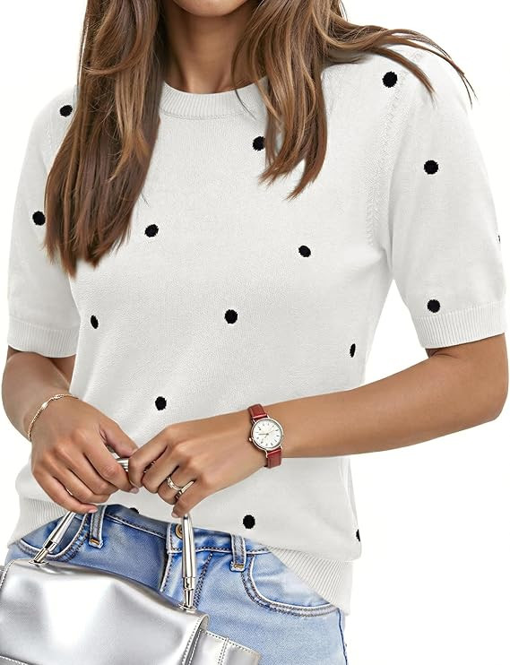 Womens Short Sleeve Sweater for Summer Polka Dot Pullover Knit Top | 2026 Lightweight Crew Neck P... | Amazon (US)