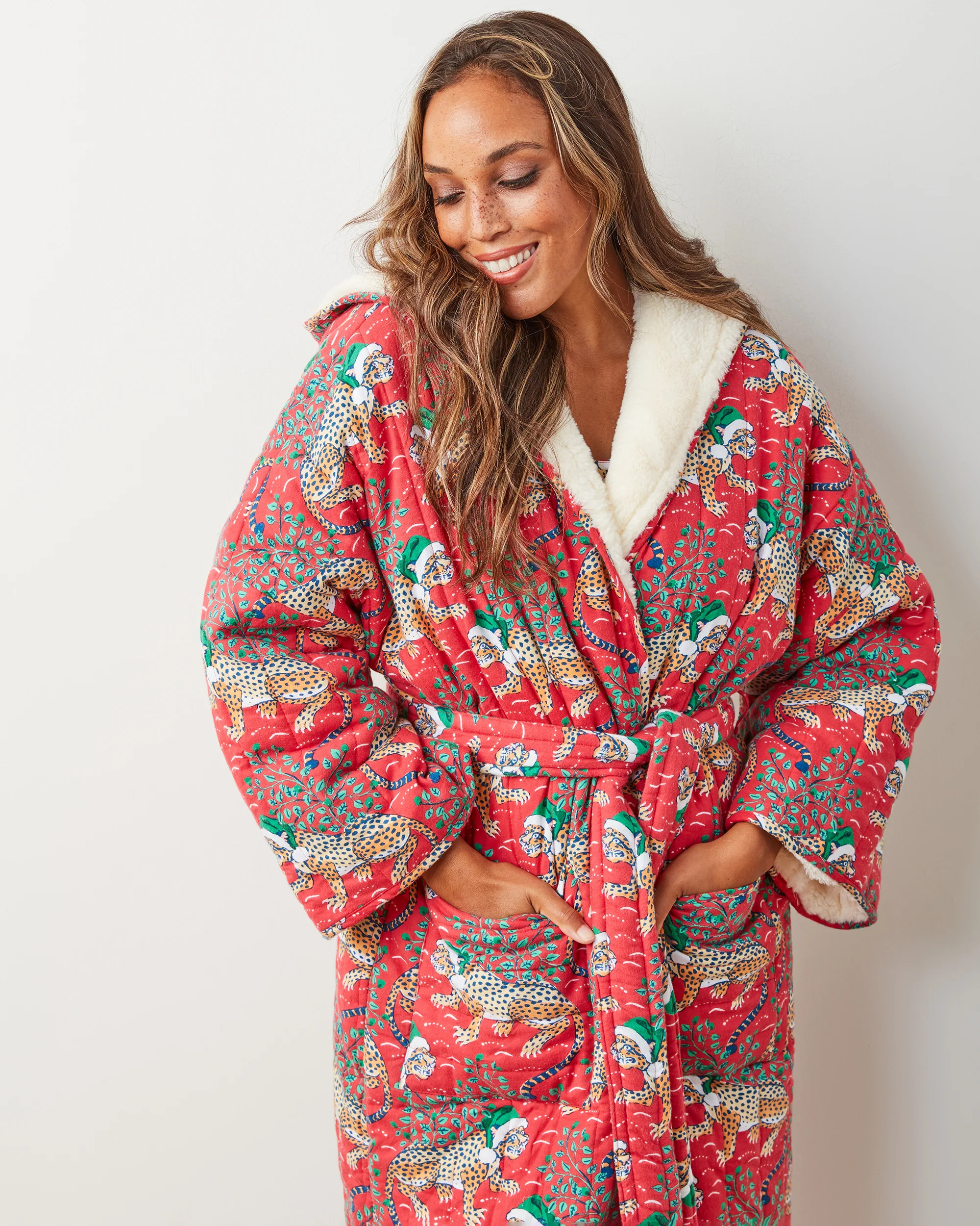 Holly Jolly Bagheera - Flannel Quilted Hooded Sherpa Robe - Ruby | Printfresh