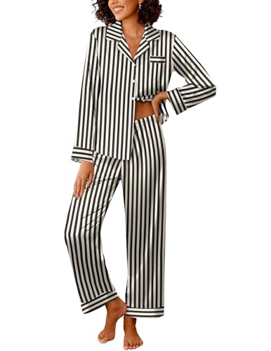Ekouaer Womens Silk Satin Pajama Sets 2 Piece Sleepwear Pjs Set Long Sleeve Button Down Top and Pants Stripe Loungewear,M | Amazon (US)