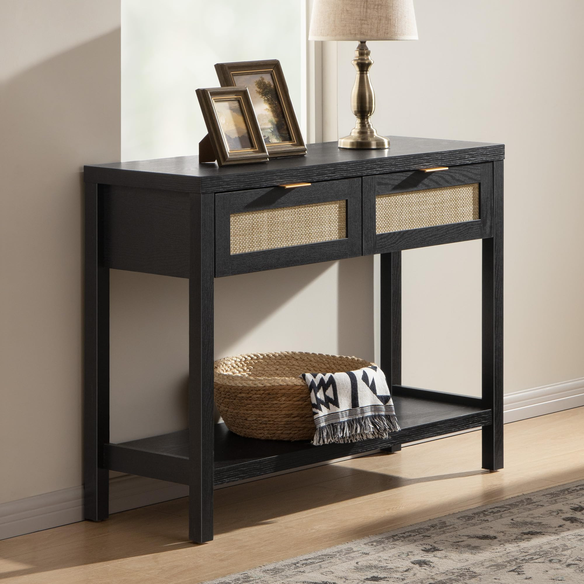 SICOTAS Black Console Table with Rattan Drawers - Boho Rattan Entryway Table with Storage, Wood S... | Amazon (US)