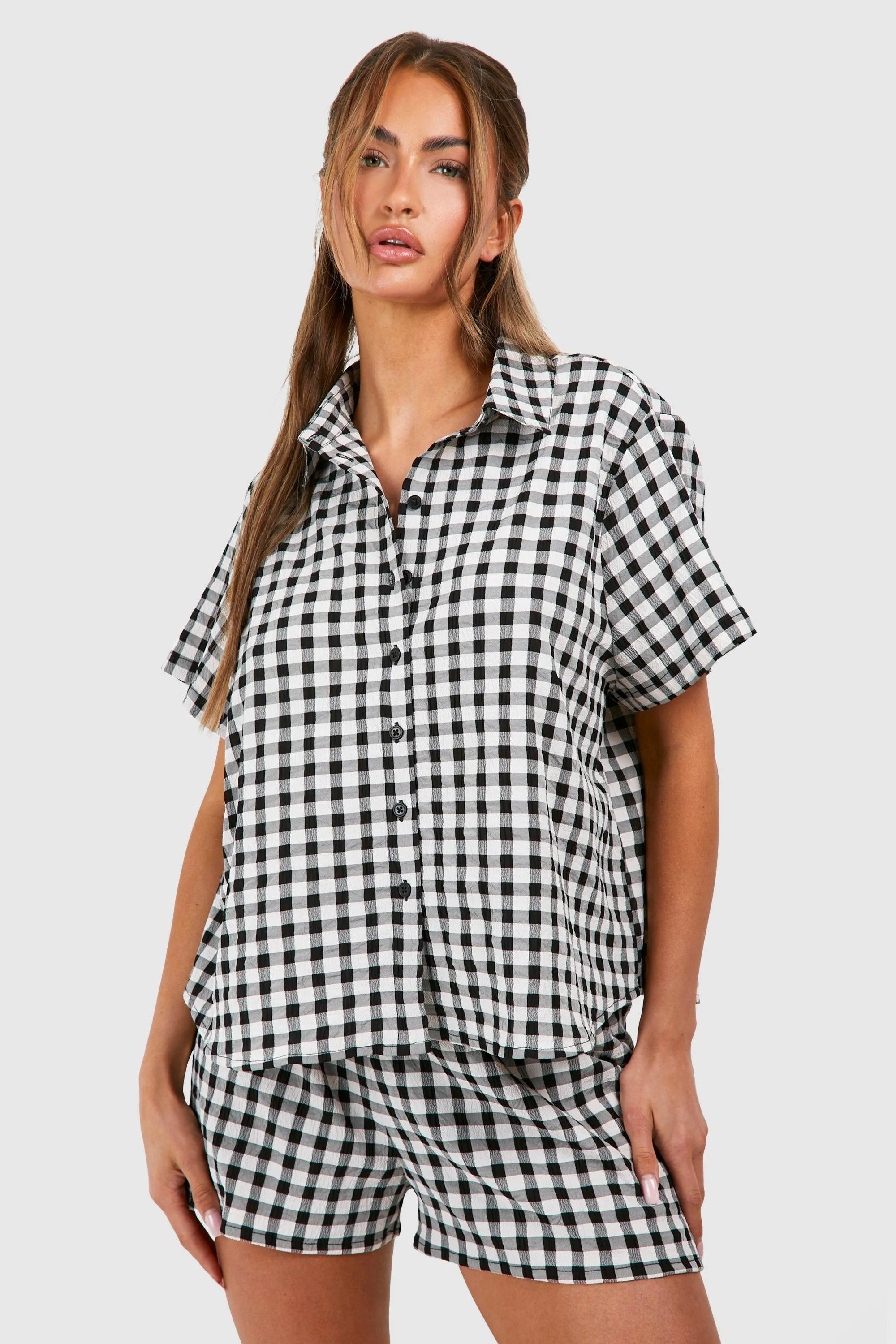 Nightwear | Gingham Short Sleeve Shirt & Shorts Pyjama Set | boohoo | Boohoo.com (UK & IE)