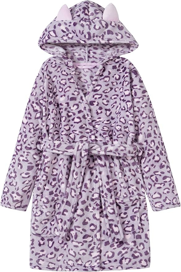 Topgal Leopard Cat Robe for Girls Fleece Toddler Kids Teen Hooded Bathrobe Size 4T-18 | Amazon (US)