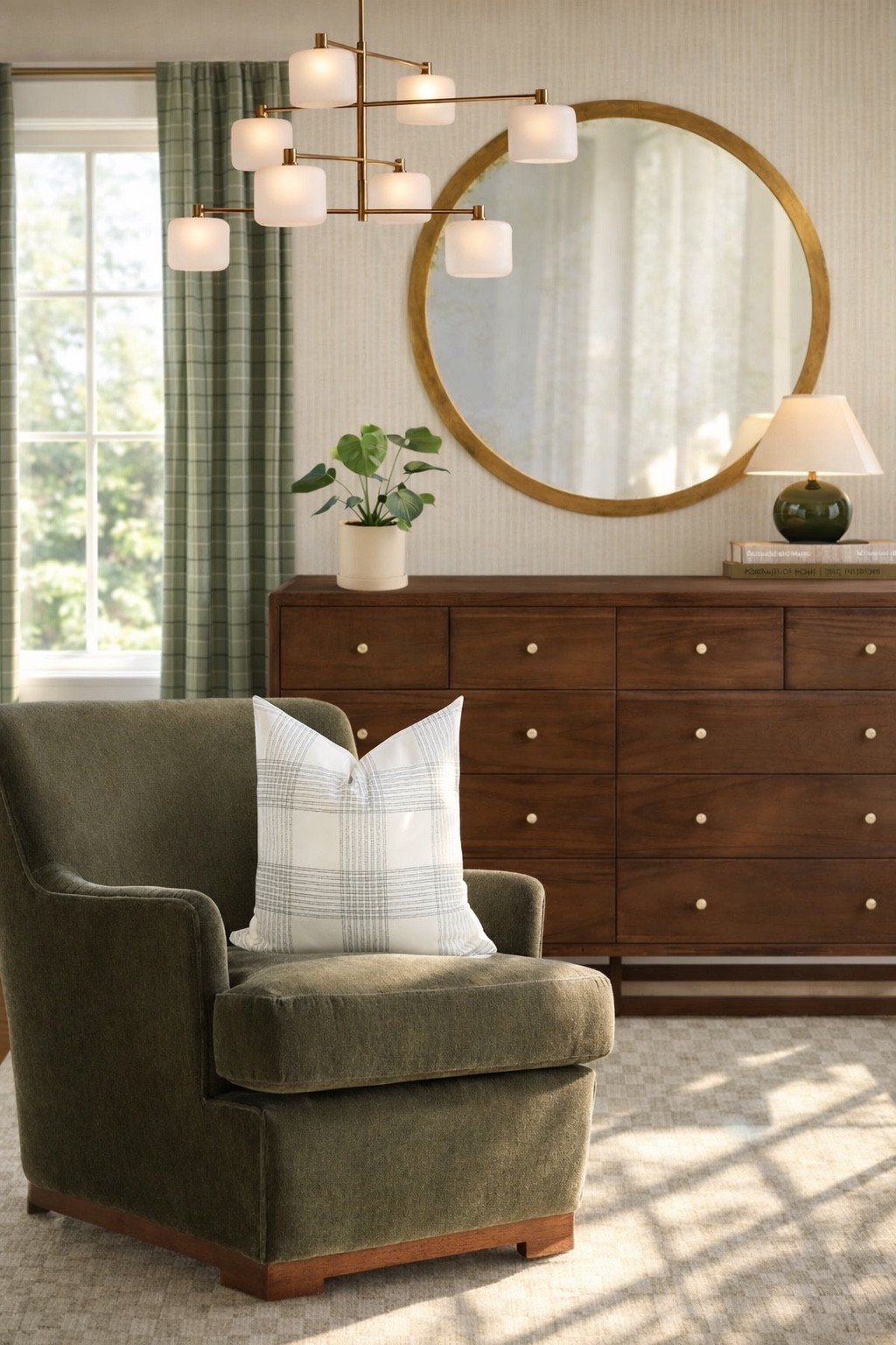 A classic bedroom with green nd deep wood elements 

#homedecor #bedroom #chair #dresser 

#LTKHome #LTKSaleAlert