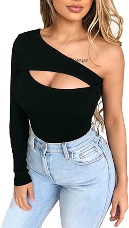 Remidoo Women's One Shoulder Cutout Ribbed Knit Long Sleeve T Shirt Tops | Amazon (US)