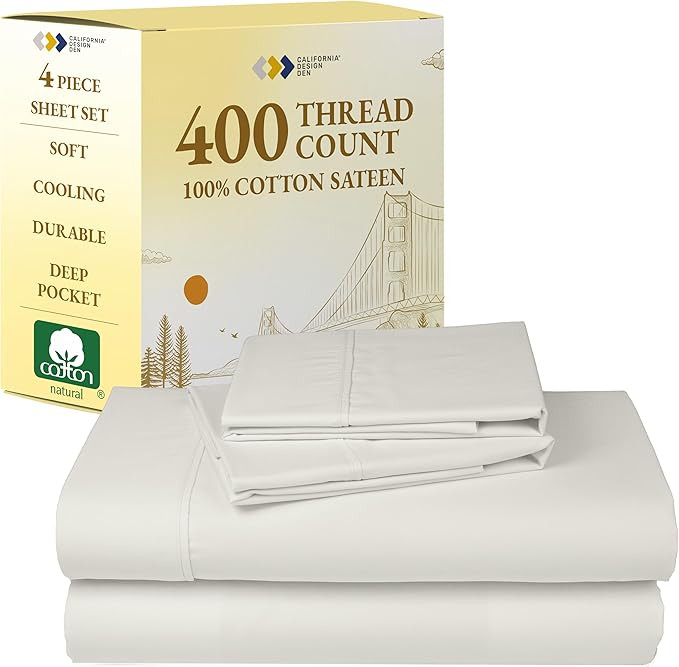 California Design Den Natural 100% Cotton Sheets for Queen Size Bed - Soft 400 Thread Count Satee... | Amazon (US)