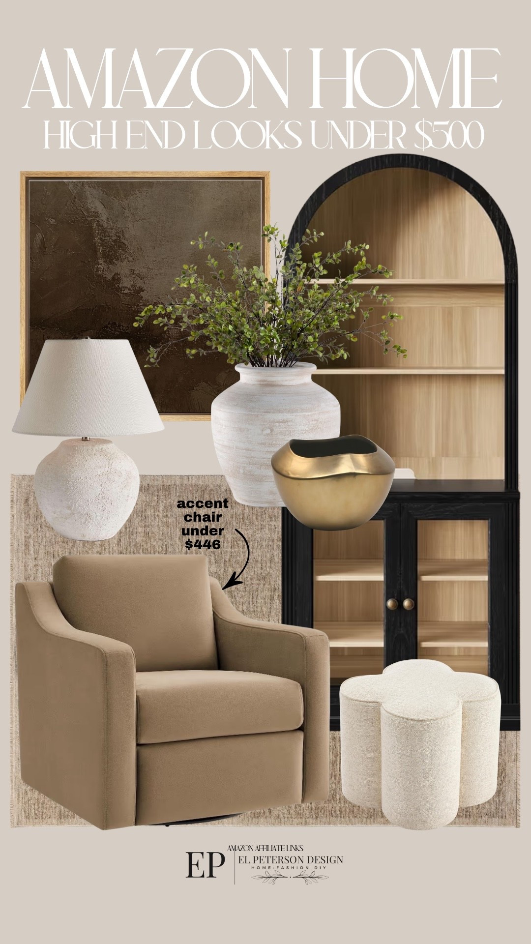 Amazon
Arch cabinet 
Table lamp
Rug
Accent Chair
Artwork 
Ottoman
Vase 
Stem
Bowl

#LTKHome