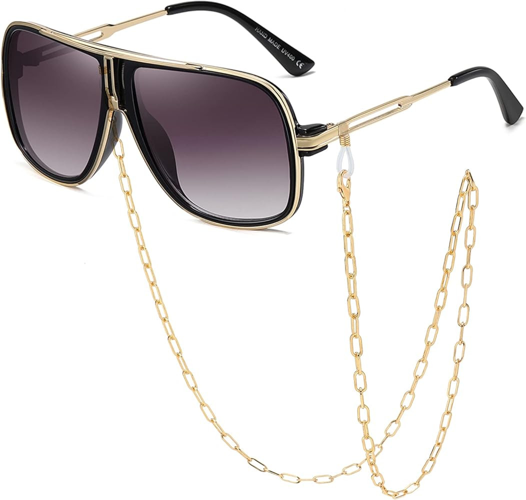 SHEEN KELLY Oversized Retro Chain 80s Vintage Pilot Sunglasses Men Classic Cowboy Eyewear Gradien... | Amazon (UK)