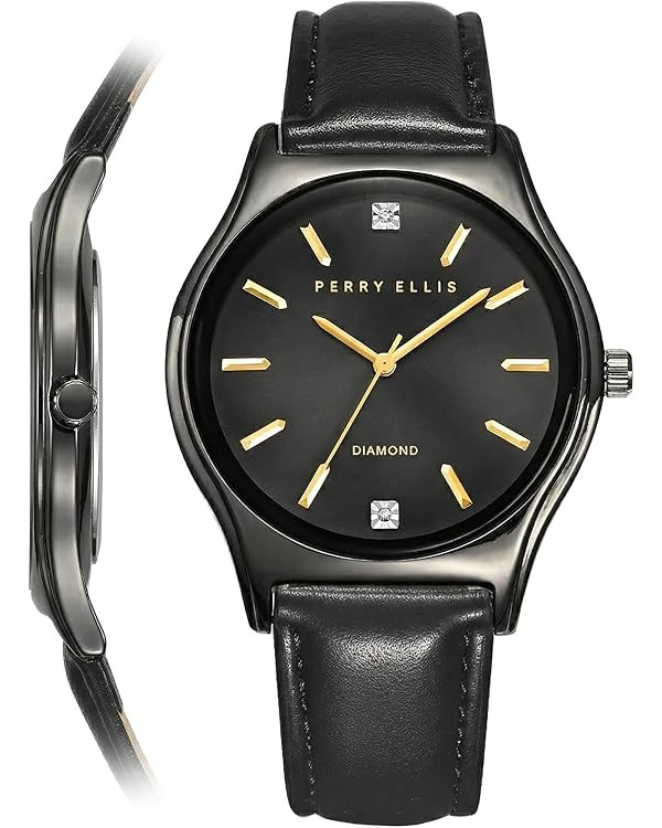 Perry Ellis Ultra Slim Diamond Men’s Watch – Blue Sunray Dial, Silver Leather Strap, Water-Re... | Amazon (US)