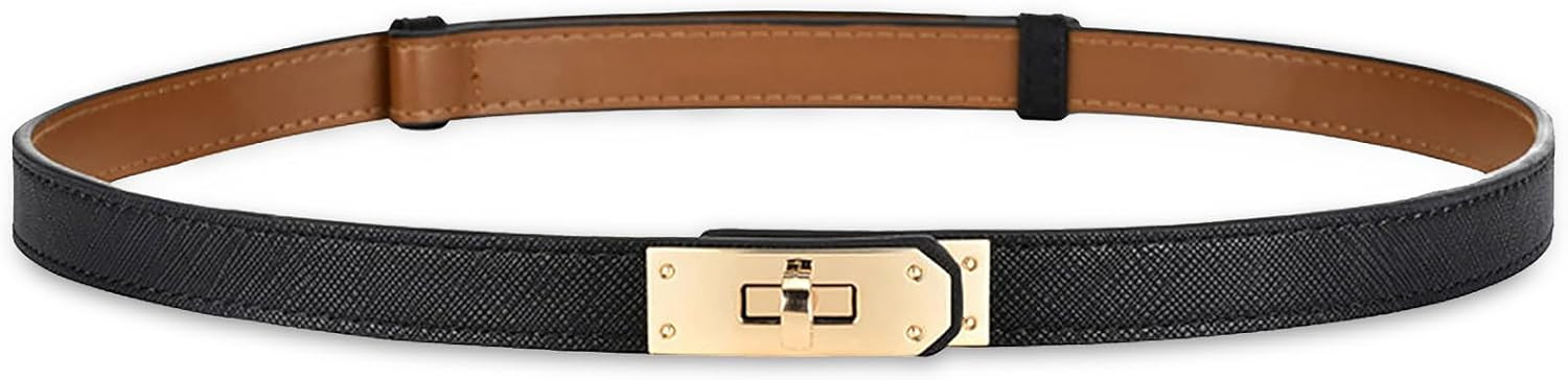 ANHAISHUILV Women's Skinny Leather Belt with Adjustable Golden Turn-Lock Buckle - Ideal for Dresses, Jeans, and Coats, Black | Amazon (US)