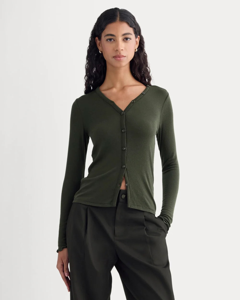 Sheer V-Neck Cardigan in Butterluxe | Dark Green | Everlane
