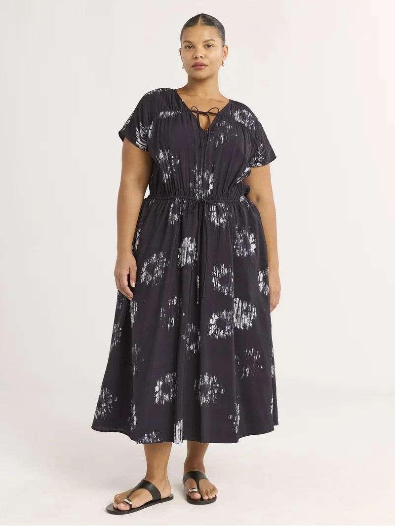 Scoop Women’s V-Neck Crinkle Midi Dress, Sizes XS-4X | Walmart (US)