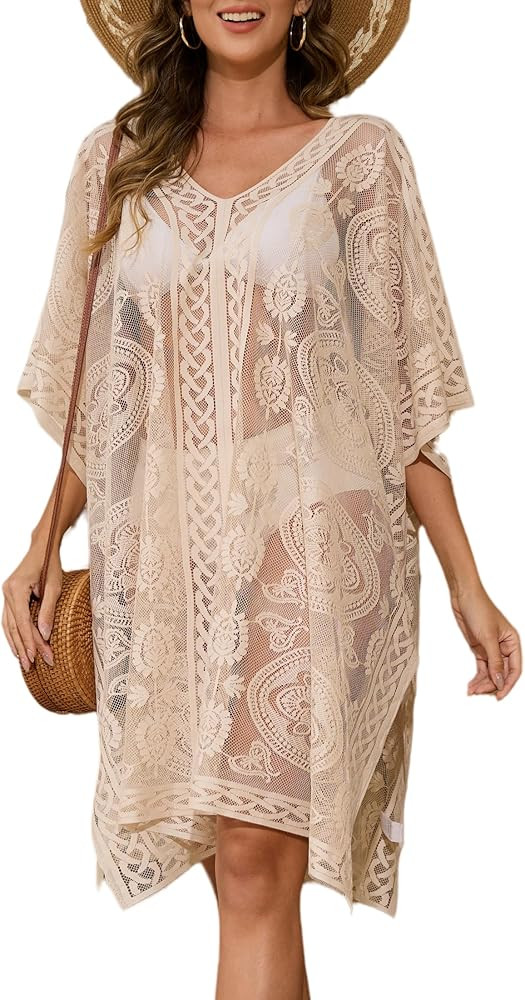 Sexy Elegant Lace Kimono Beach Cover Up for Women, V-Neck and Fringe Kimono for Holidays, Poolsid... | Amazon (US)