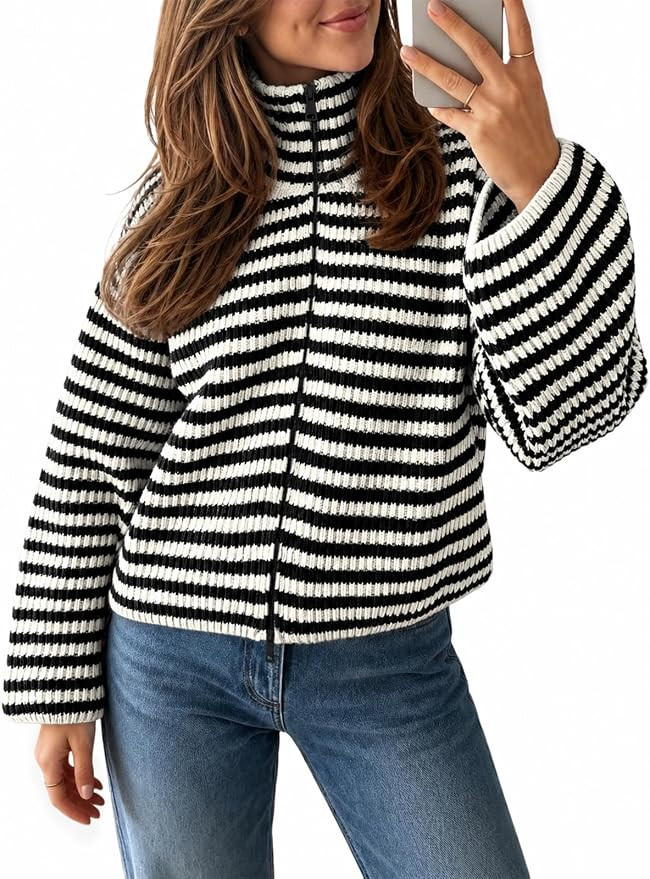 Saodimallsu Womens Striped Zip Up Sweaters Mock Neck 2026 Fall Trendy Casual Long Sleeve Loose Fi... | Amazon (US)