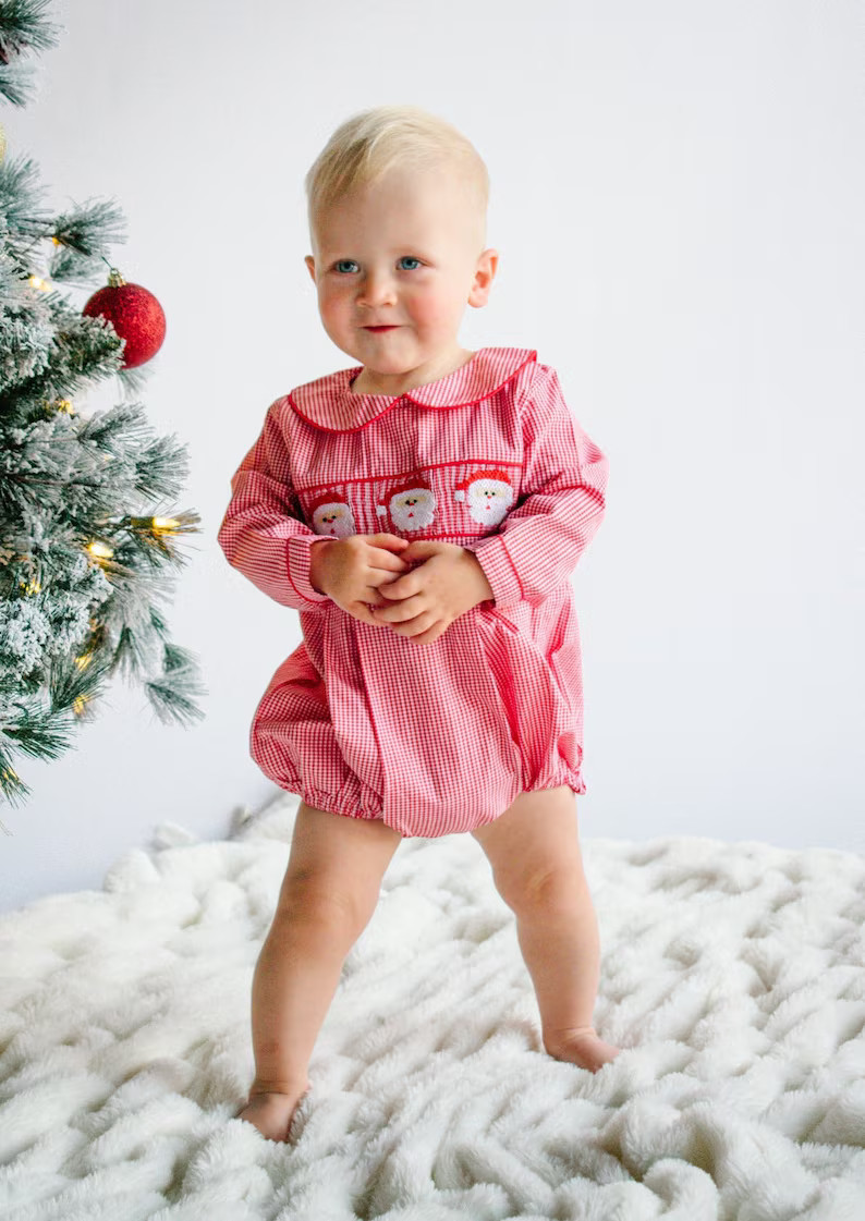 Red Gingham Santa Smocked Smocked Boy Bubble - Etsy | Etsy (US)