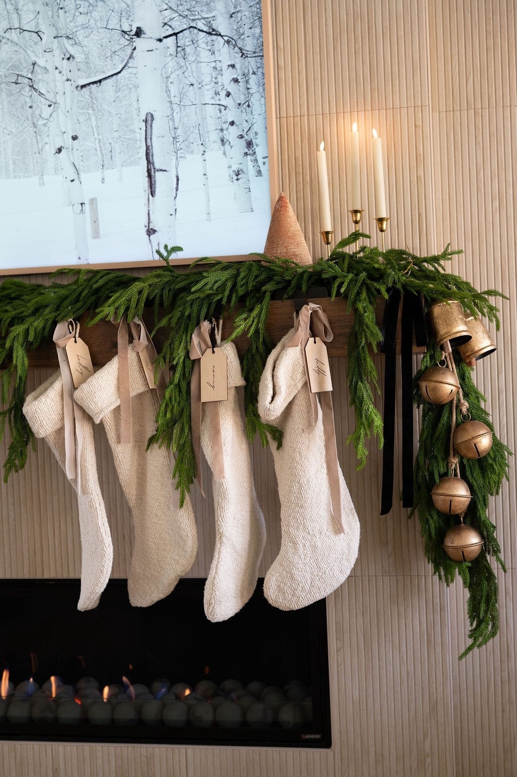 The coziest Christmas mantel 🤍🎄 Layered lush faux cedar garland, neutral knit stockings, personalized Etsy wooden tags, and affordable Amazon antique brass bells create that warm, modern classic look I love. Perfect inspo for Christmas mantel styling, neutral holiday decor, LTK Christmas home finds, winter fireplace decorating, and modern classic Christmas design. 🫶🏻✨

#LTKHoliday #LTKSeasonal #LTKHome