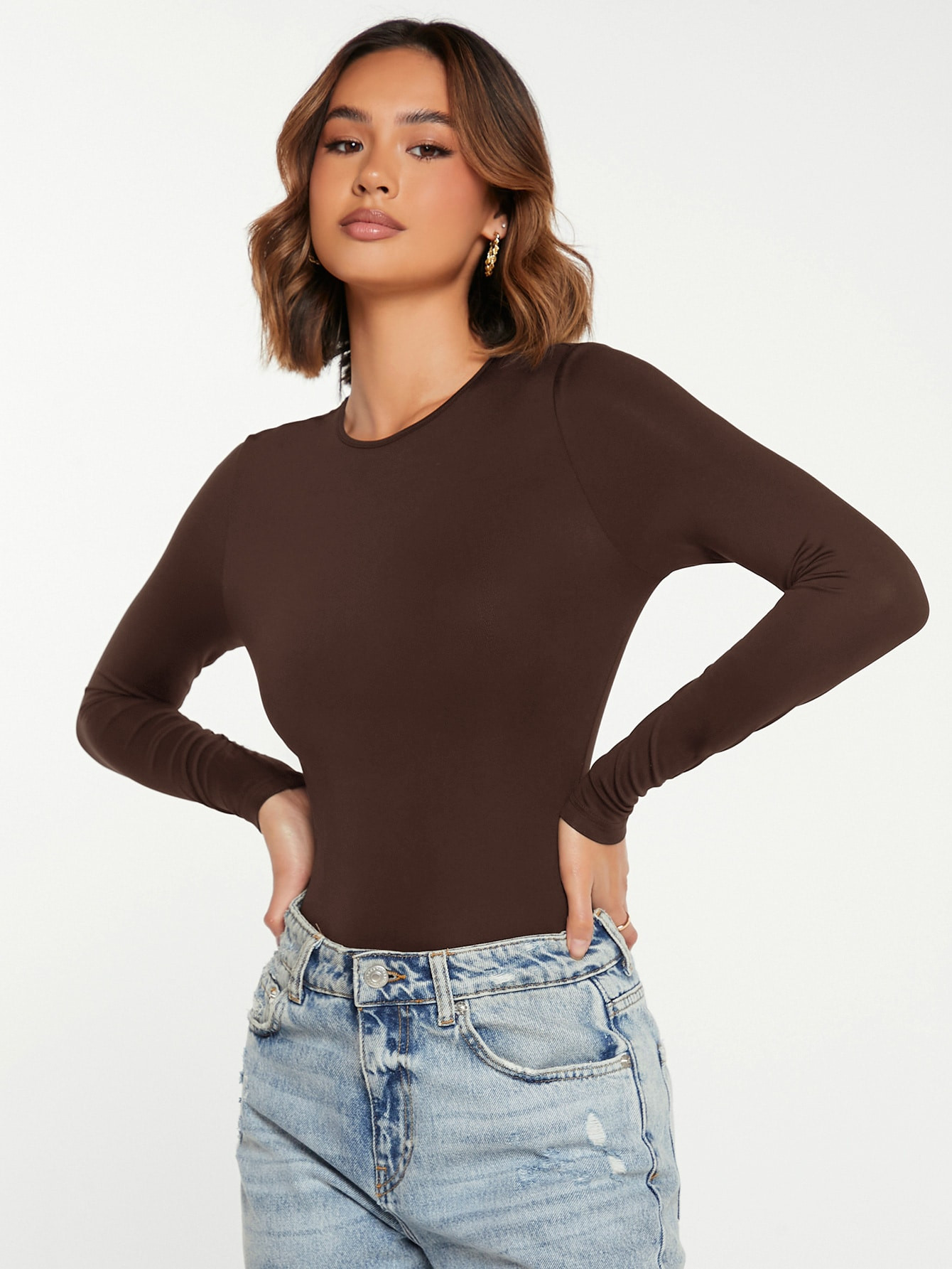 SHEIN BASICS 1pc Slim Fit Round Neck Bodysuit | SHEIN