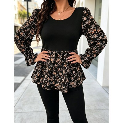 YESFASHION Women Plus Size Floral Print Shirts Patchwork Flare Sleeve Peplum Blouse,XL,Black | Target