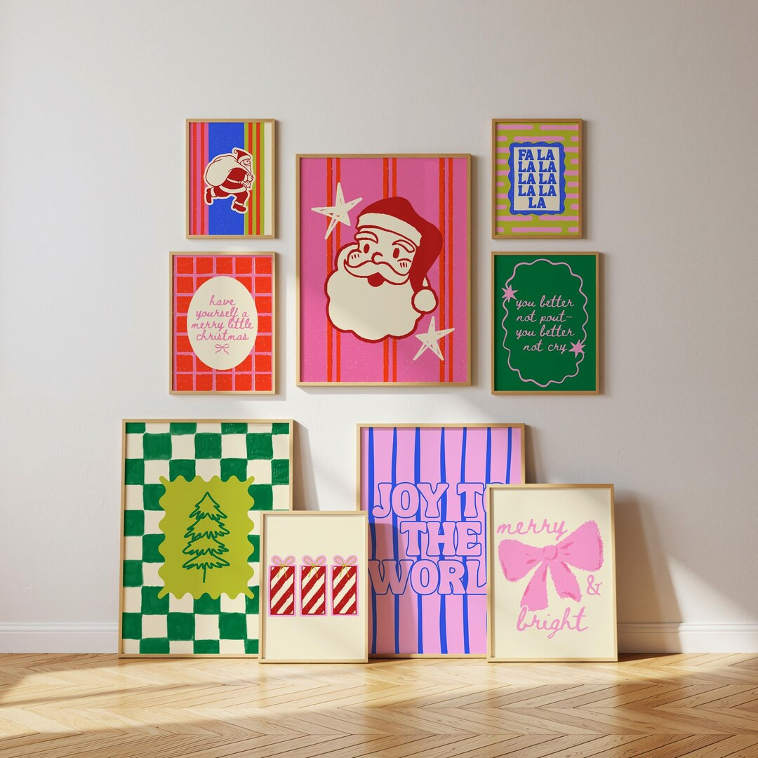 Trendy Christmas Wall Art Set of 9: Maximalist Holiday Prints, Colorful Christmas Prints, Striped... | Etsy (US)
