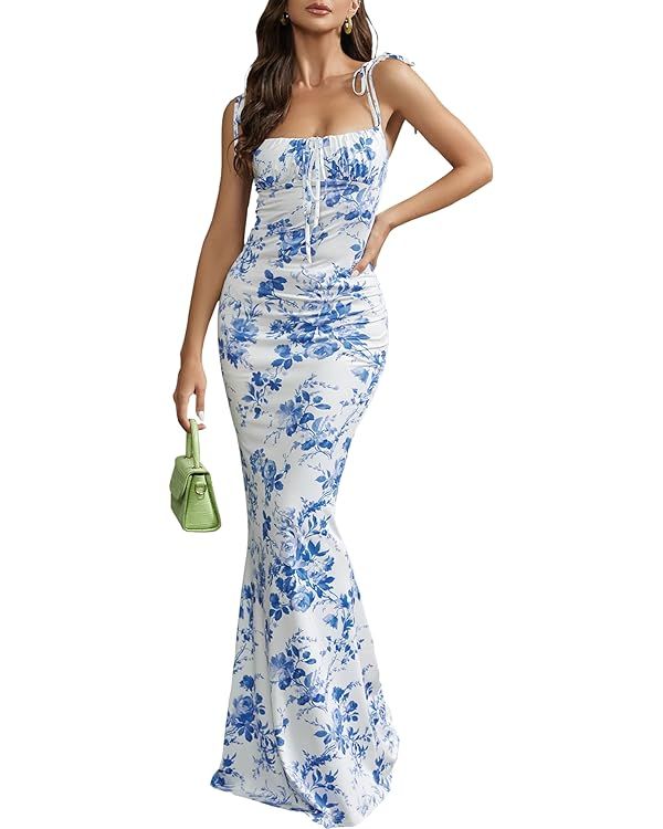 KUTUMAI Women's Summer Floral Bodycon Maxi Dress Spaghetti Strap Sleeveless Boho Long Dresses | Amazon (US)