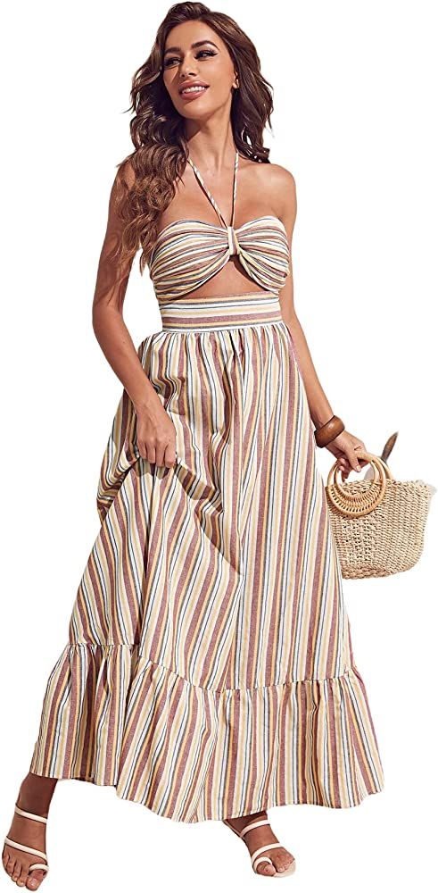 MakeMeChic Women's Striped Halter Sleeveless Cut Out Ruffle Maxi Summer Beach Dress | Amazon (US)