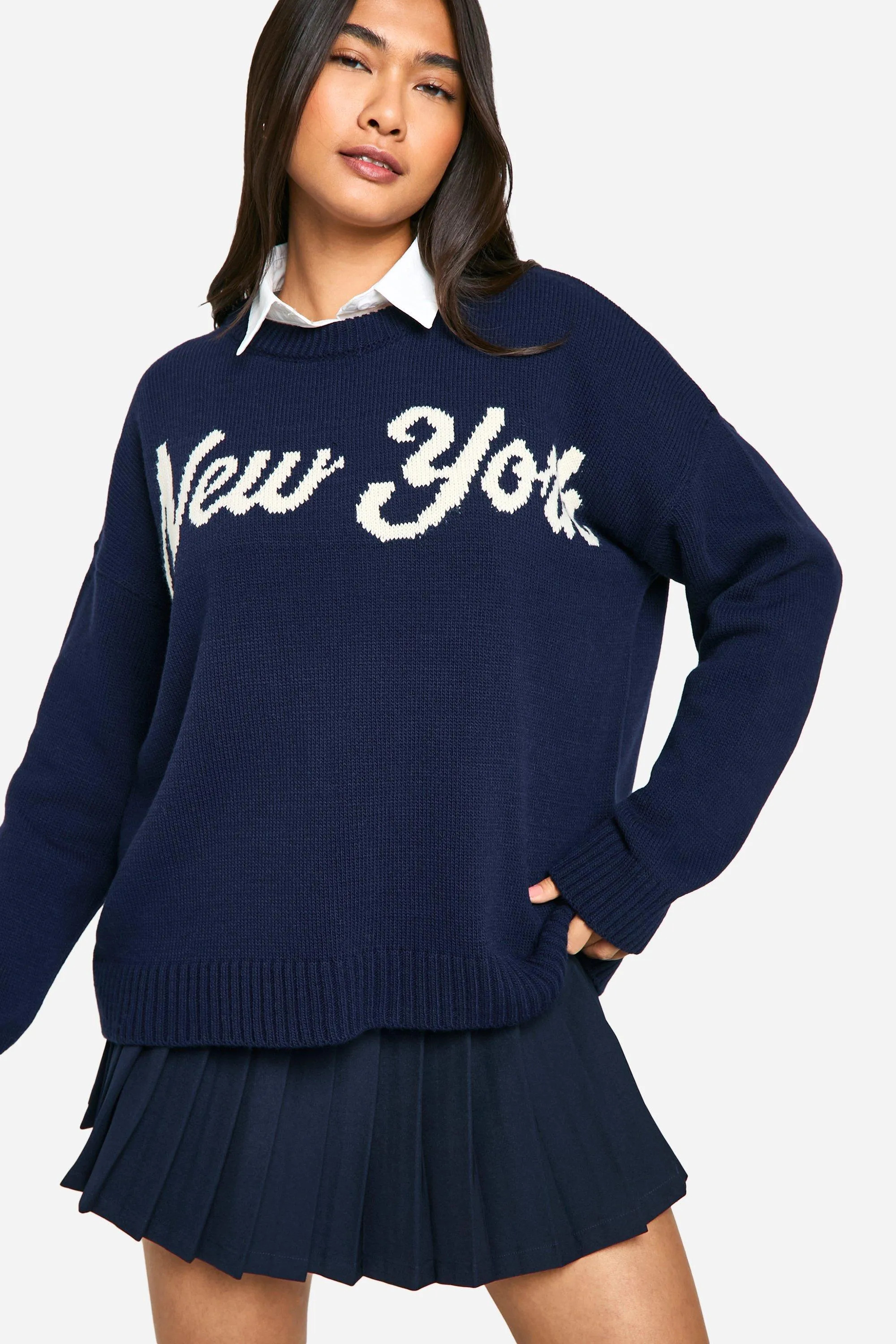 New York Oversized Crew Neck Knitted Jumper | Boohoo.com (UK & IE)