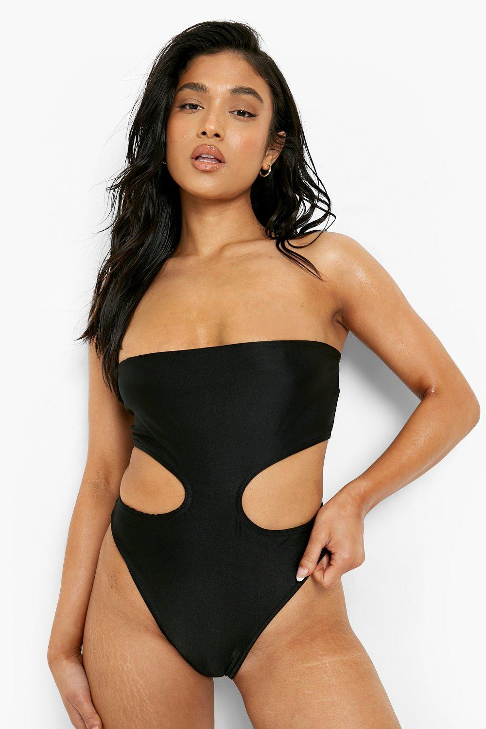 Womens Petite Bandeau Cut Out Bathing Suit - Black - 0 | Boohoo.com (US & CA)