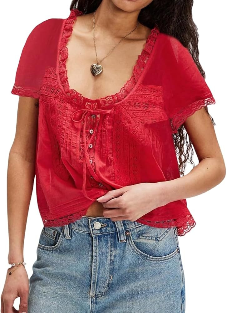 Naileksi Women Boho Button Down Lace Trim Crop Tee Top Short Sleeve Scoop Neck Ruffle Semi Sheer ... | Amazon (US)