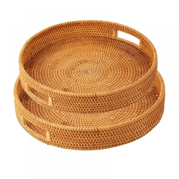 2 Pcs Rattan Round Serving Tray, Hand Woven Serving Basket with Cut - Out Handles, Wicker Fruit/B... | Walmart (US)