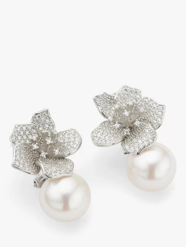 Lido Freshwater Edison Pearl & Cubic Zirconia Leaf Earrings, Silver | John Lewis (UK)