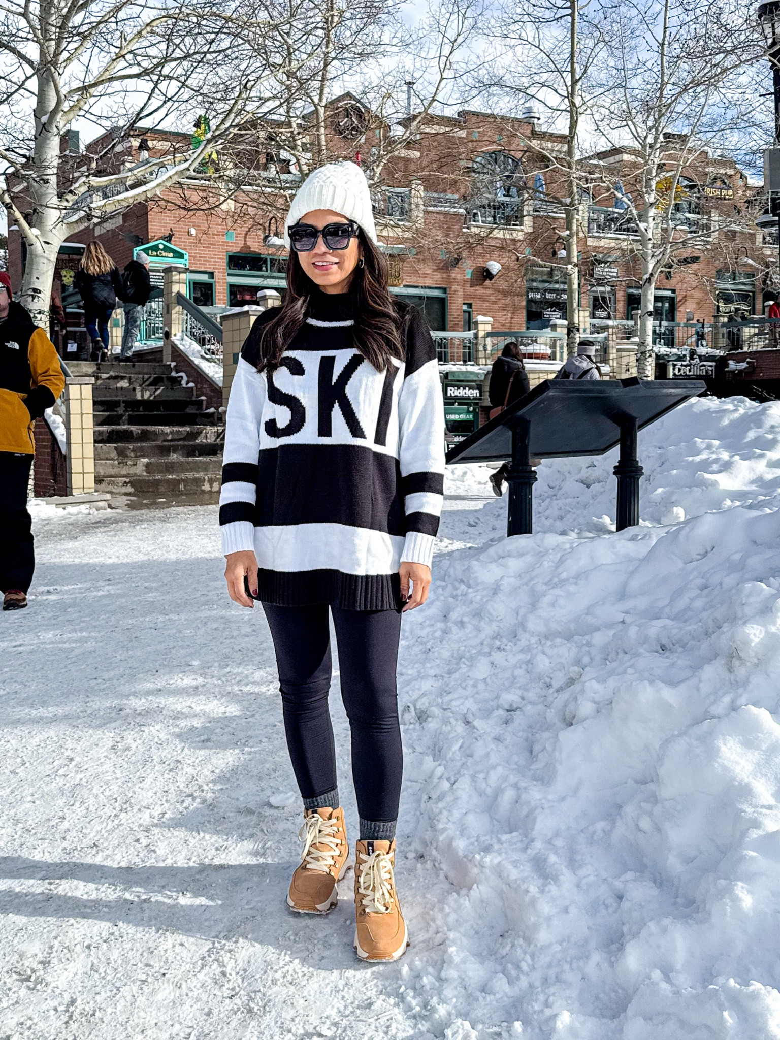 Winter outfit. Breckenridge CO outfit.
Sweater in small.
Fleece lined leggings in XS, tts.
Water proof snow boots tts, I changed laces or Ivory color. 
Wearing thermals underneath tts. 

#LTKActive #LTKStyleTip #LTKOver40