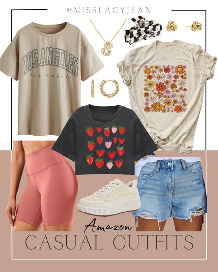 Casual outfit finds from Amazon include graphic tees, denim shorts, biker shorts, sneakers, earrings, necklace, hair clip, and hoops.

Summer outfit, summer fit, Amazon finds, casual outfit, looks for less

#LTKfindsunder50 #LTKstyletip #LTKshoecrush