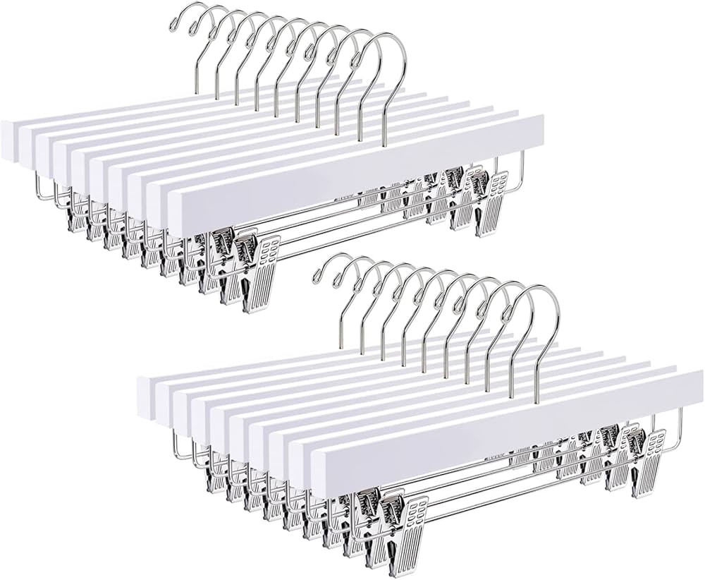 Amber Home 24 Pack White Wooden Pants Hangers with Clips, Wood Skirt Hangers Trouser Hangers for ... | Amazon (US)