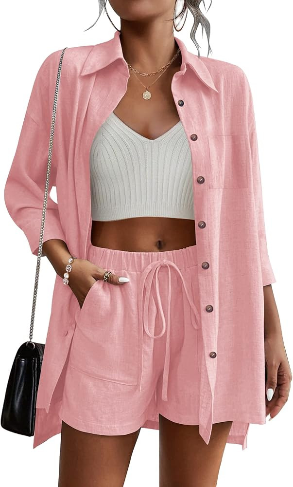 Beyove Women's Cotton Linen Set Casual Tracksuit Button Down 3/4 Sleeve Shirt Drawstring Shorts P... | Amazon (US)