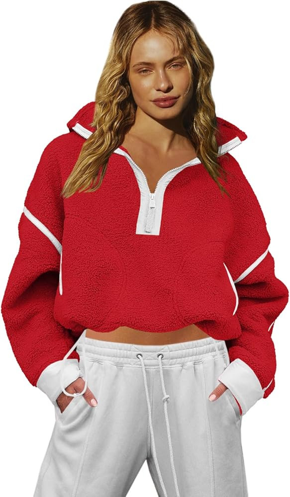 LAMISSCHE Half Zip Sweatshirt Women Oversized Sherpa Jacket V Neck Fleece Pullover Hoodie with Po... | Amazon (US)