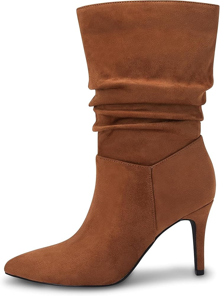 Coutgo Women's Mid Calf Slouchy Boots Suede High Heel Slip-on Stiletto Pointed Toe, Amazon Booties | Amazon (US)