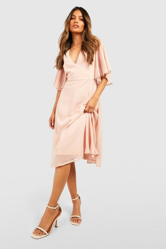 Chiffon Angel Sleeve Midi Skater Bridesmaid Dress | Boohoo.com (US & CA)
