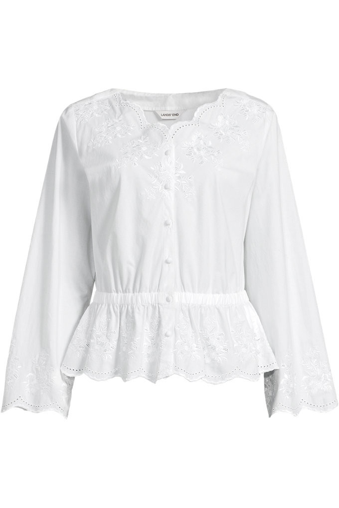 Women's Embroidered Poplin Long Sleeve Blouse - Lands' End - White - L | Lands' End (US)