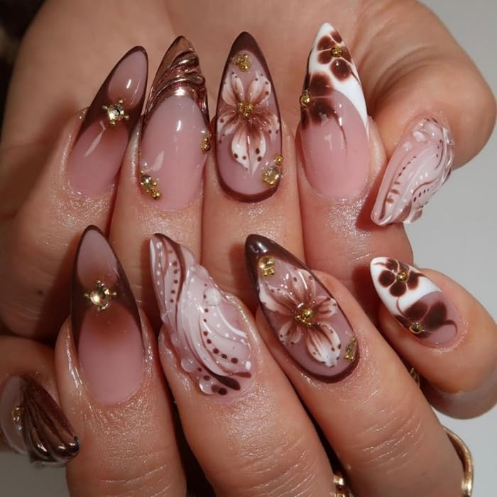 French Tips Press on Nails Medium Almond Nails Press on with 5D Flower Charm Design Glossy Brown ... | Amazon (US)