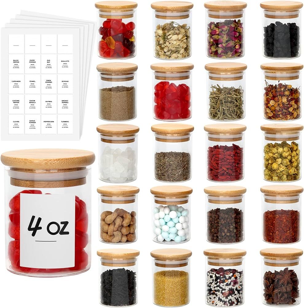 JuneHeart 4OZ Glass Spice Jars Set with Bamboo Lids and 194 Labels, 20 Pcs Clear Food Storage Con... | Amazon (US)