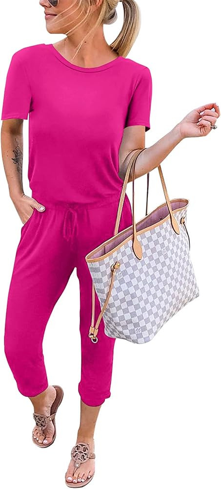 KIRUNDO 2024 Women's Casual Summer Jumpsuits Short Sleeve Crewneck Drawstring Elastic Waist Jumps... | Amazon (US)