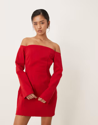ASOS DESIGN seam bardot waited mini dress in red | ASOS (Global)
