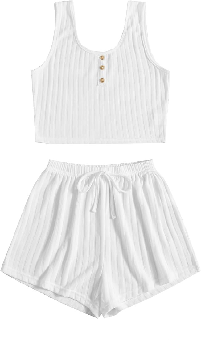SheIn Women's 2 Piece Sleeveless Button Crop Tank Tops and Shorts Lounge Set | Amazon (US)