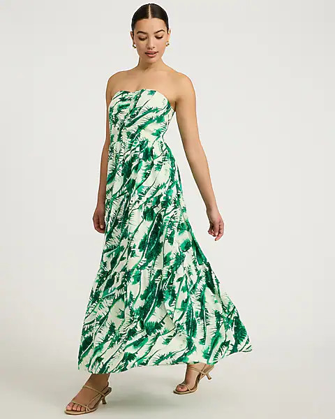 Linen-Blend Printed Strapless Tiered Maxi Dress with Pockets | Express