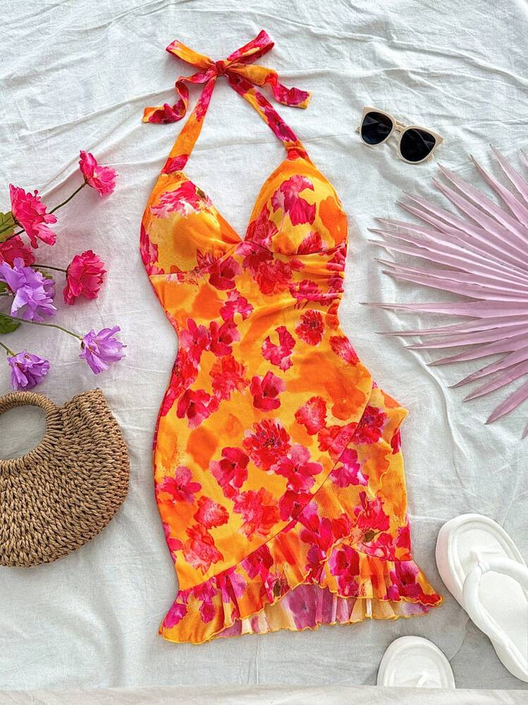 Soleia V-Neck Women's Holiday Mini Dress, Knit Elastic Tulle Fabric With Tie Dye Floral Print, Asymmetric Ruffle Trim, Neck Tie Bow Detail, Fitted For Party, Valentine's | SHEIN